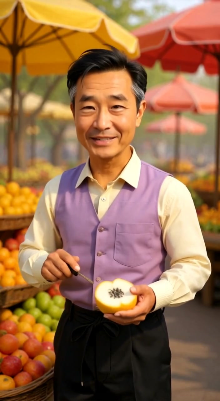 The man gestures naturally, explaining the vibrant fruits on display at his colorful fruit stall.