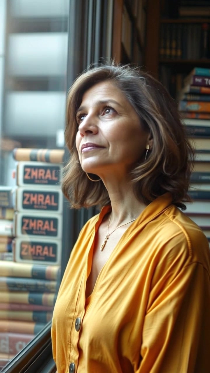Subject: A pensive individual gazing thoughtfully out the window, lost in reflection. Scene: A cozy study with warm, inviting lighting, adorned with stacks of books in the background. Motion: The camera gently pushes in on the subject, capturing the depth of their contemplation, while soft sunlight streams through the window, casting a serene glow across the space.