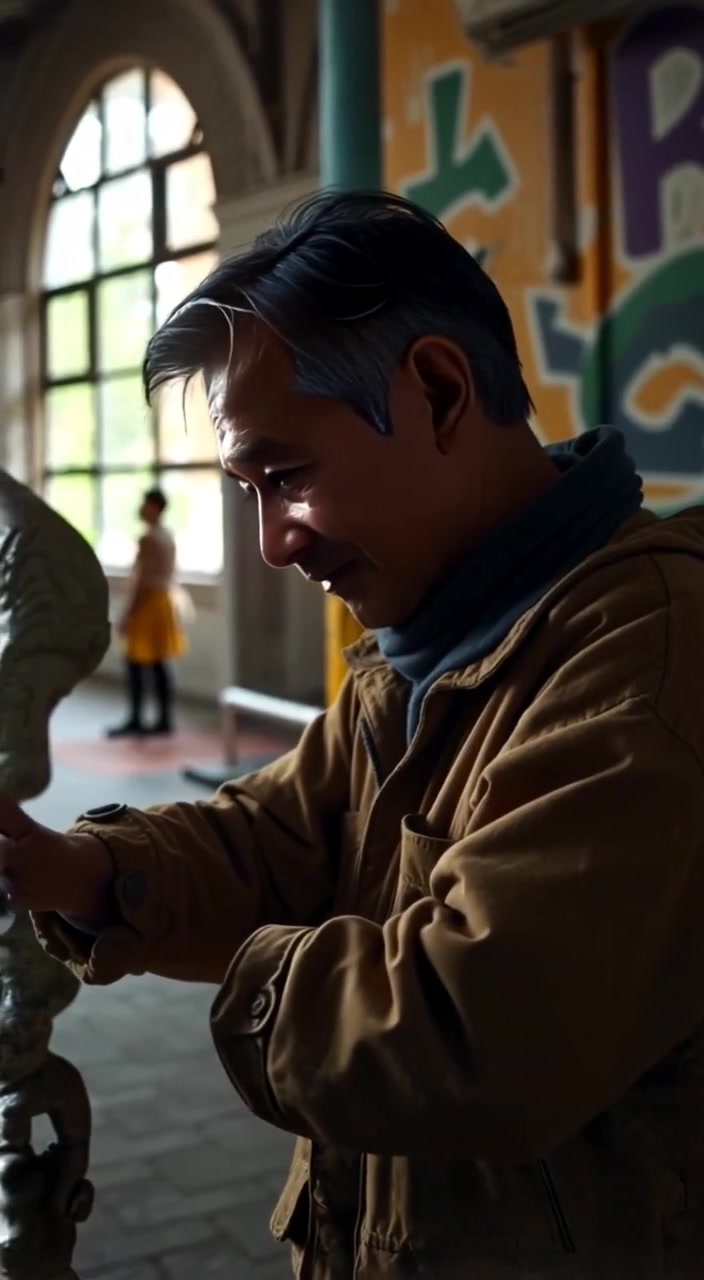 The man gently polishes a statue, eyes focused, while soft humming fills the air.
