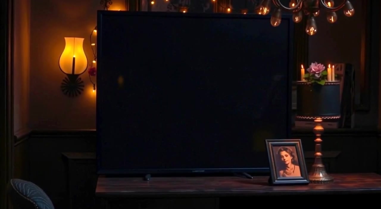 Soft glowing lights gently flicker around a dark screen, creating a calming and serene atmosphere in the room.