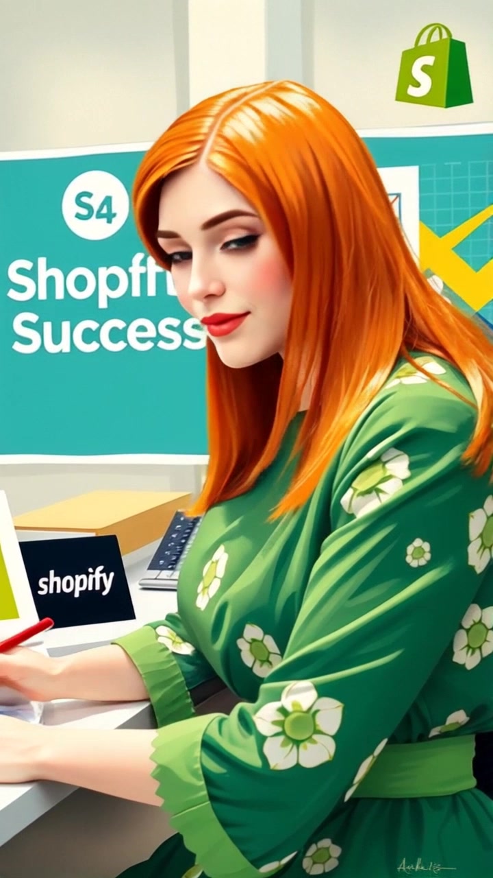 Scene: A modern workspace featuring Cici Expert sitting confidently at her desk, vibrant Shopify success banner displayed in the background. Style: Bright, inviting lighting accentuating the sleek desk setup and motivational ambiance. Motion: Camera gently zooms in on Cici as she interacts with her workspace, her expressions reflecting determination and focus.