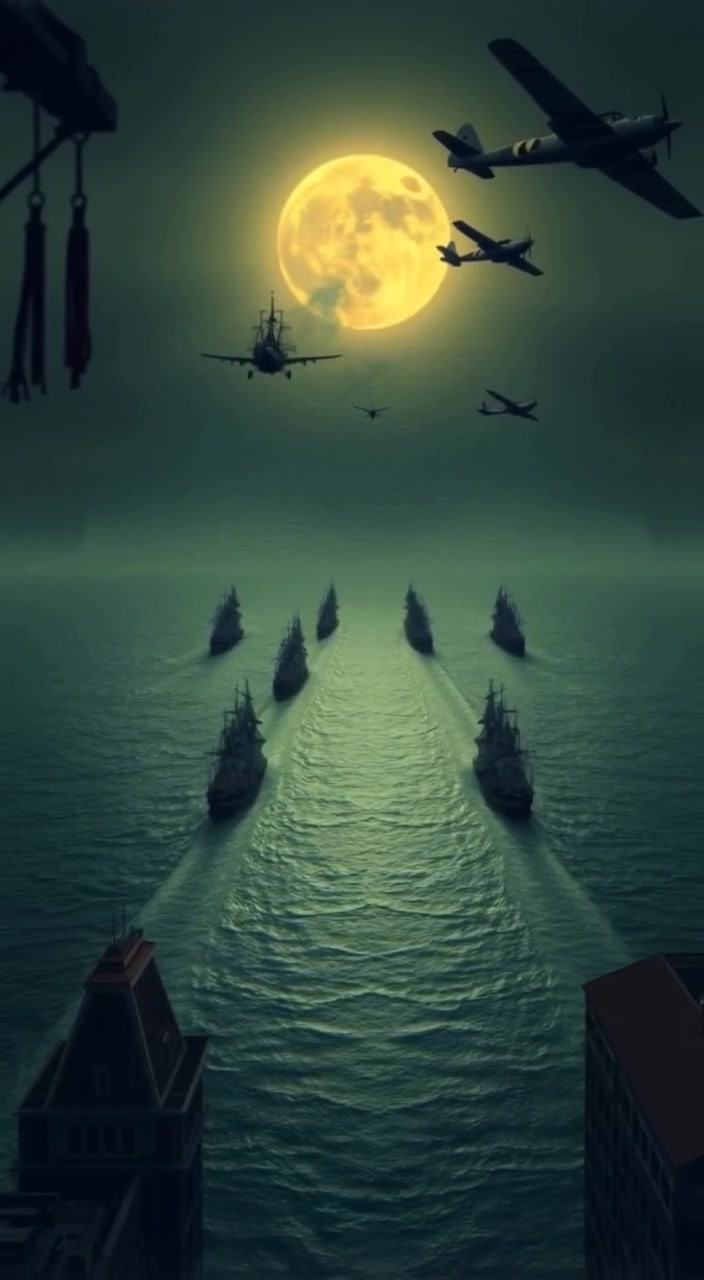 A gentle wave rolls across the vast ocean, with distant trails of ships fading into the horizon.
