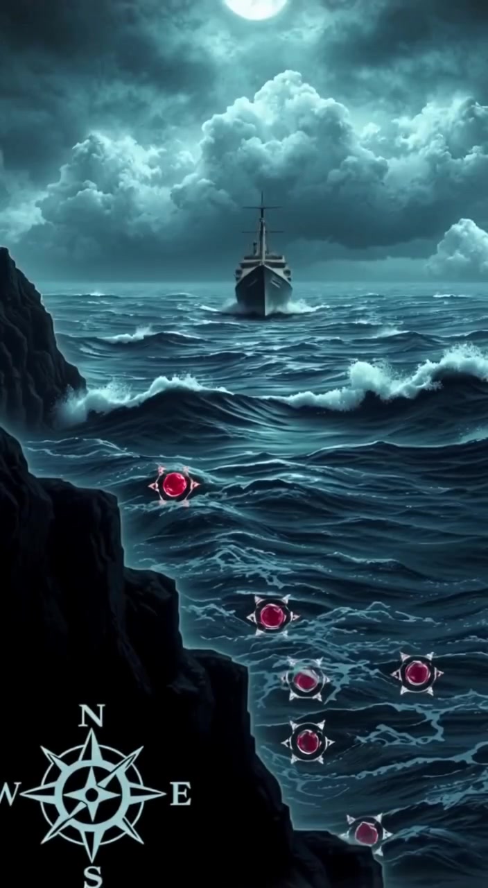 Waves gently crash against a rugged coastline as dark clouds swirl ominously above the vast, mysterious ocean.