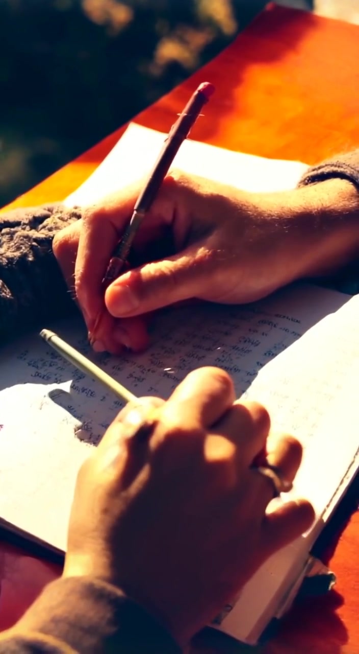 The person gently writes in the dream journal, sunlight illuminating their focused expression and the delicate pages.