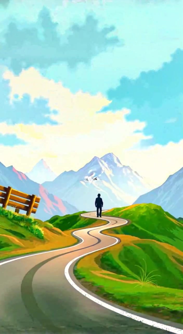 A gentle breeze sways the grass along the winding road as clouds drift slowly over the majestic mountains.