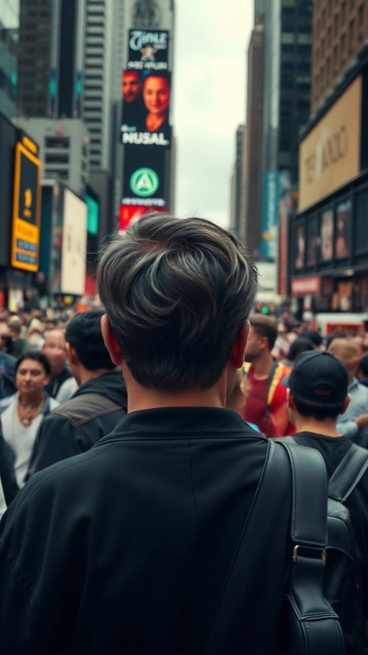 Subject: A lone figure standing amidst a bustling crowd in Times Square, dressed in a dark coat and a fedora, appearing nondescript. Subject Movement: Stillness amid the hustle and bustle. Scene: Vibrant Times Square filled with flashing neon lights, towering billboards, and bustling pedestrians. Camera Language: Slow zoom focusing on the solitary figure, capturing the contrast between their stationary presence and the dynamic city life surrounding them. Lighting: Neon-lit, creating stark contrasts between light and shadow. Atmosphere: Isolated, mysterious, and introspective in the midst of chaos.