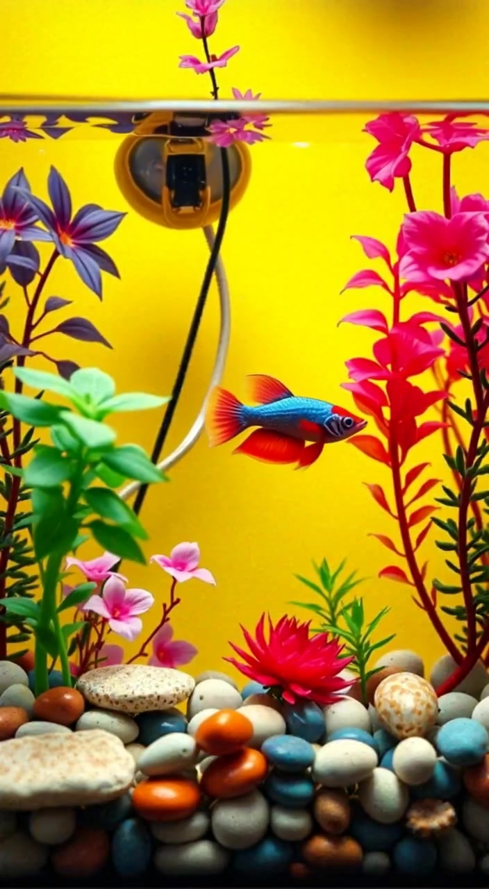The betta fish gracefully swims through the vibrant plants and pebbles in the colorful aquarium.