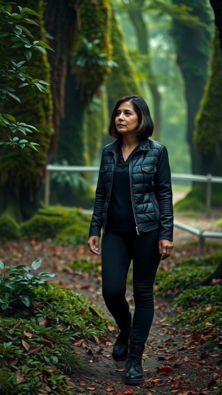 Subject: A woman standing on a path in a lush green forest, looking determined and thoughtful. Subject movement: She takes a confident step forward, glancing around as if assessing her surroundings. Scene: A vibrant, lush green forest with dappled sunlight filtering through the leaves, casting playful shadows on the ground. Motion: The camera follows her movement closely, panning gently to capture the intricate details of the forest and her expression. Lighting: Warm, soft sunlight creating an inviting atmosphere, enhancing the mood of determination.