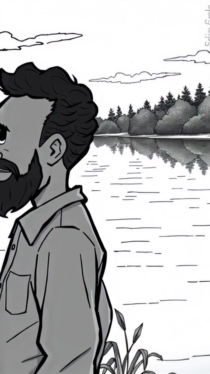 Subject: A thoughtful Narrator standing at the edge of a tranquil lake. Subject movement: The Narrator gazes pensively into the distance, with a gentle breeze causing subtle movements. Scene: A serene lakeside setting during early morning light, surrounded by lush greenery and distant mountains. Style: Soft, ambient lighting enhances the peaceful mood. Motion: The camera slowly pans from the Narrator to the expansive lake, revealing the reflective surface and surrounding nature, creating a sense of calm and contemplation.