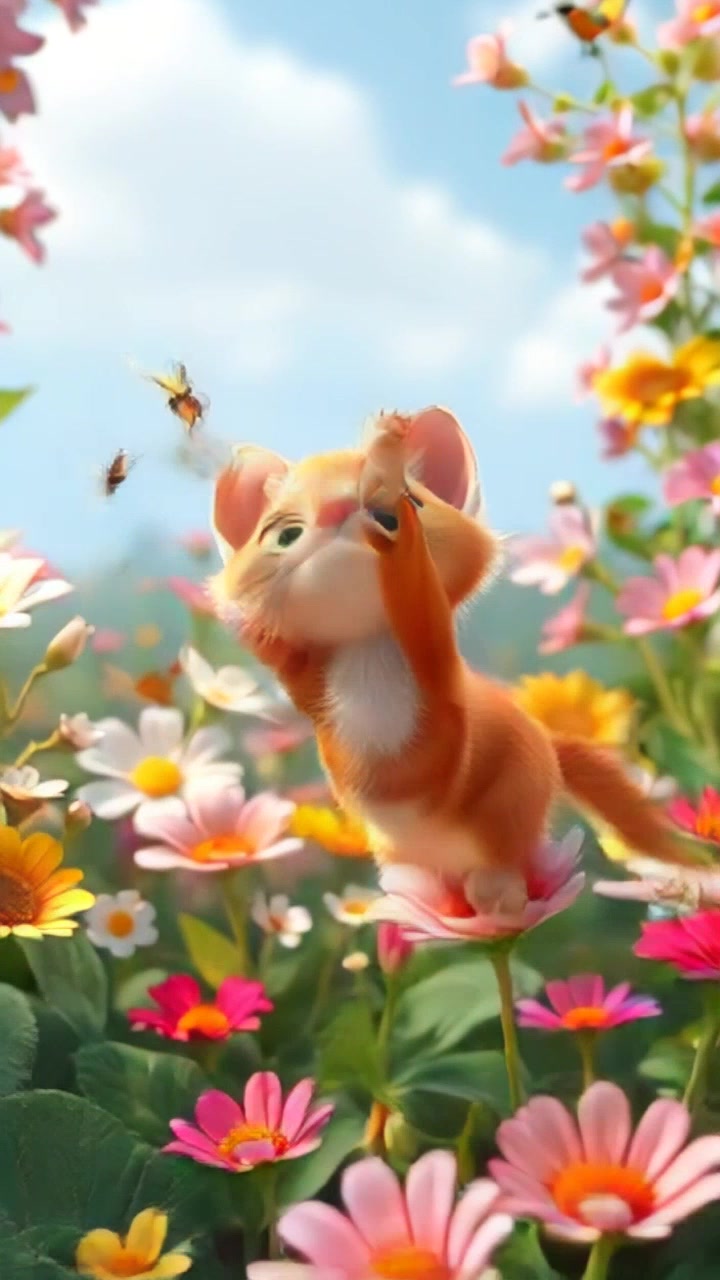 A playful cat playing in a colorful garden filled with flowers, butterflies, and small birds.