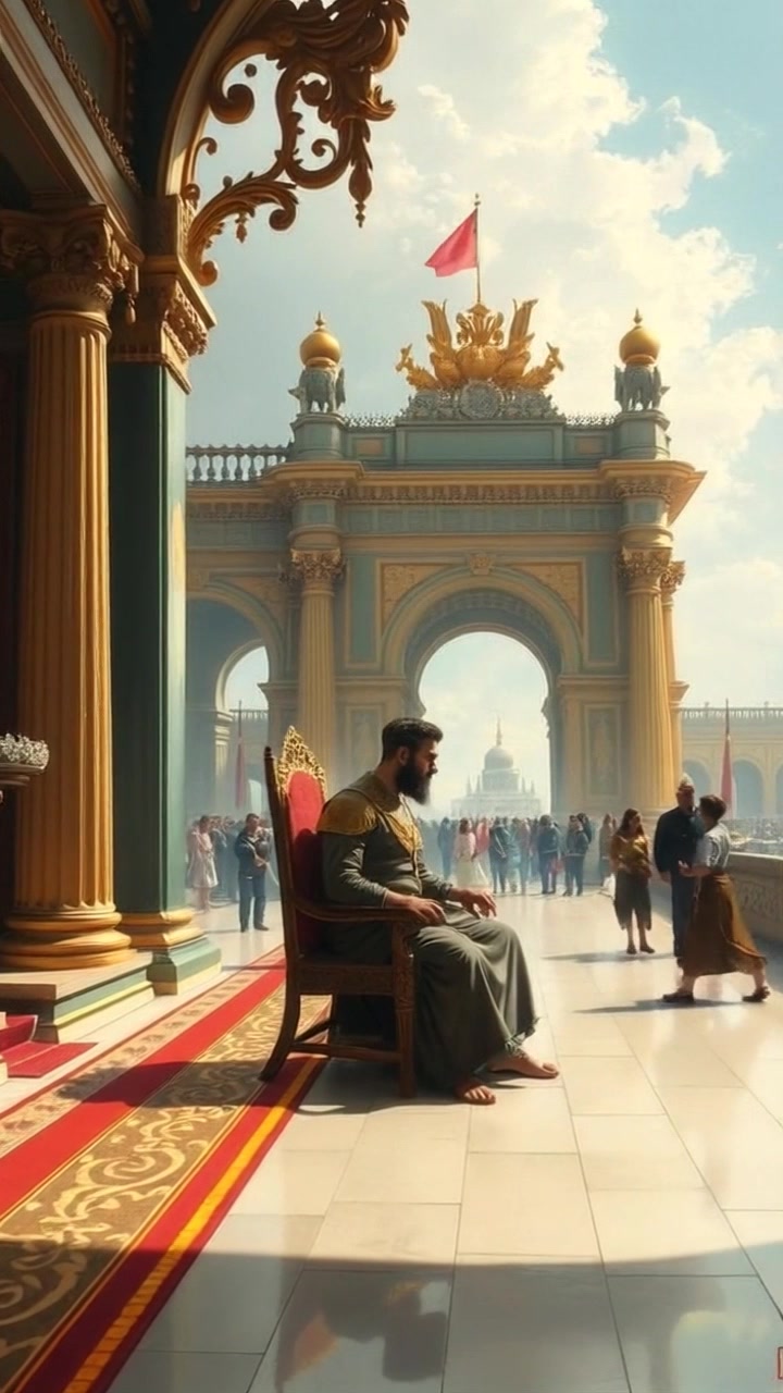 The interior of a grand palace with opulent decorations, as the king Assuero sits on his throne, deep in thought.