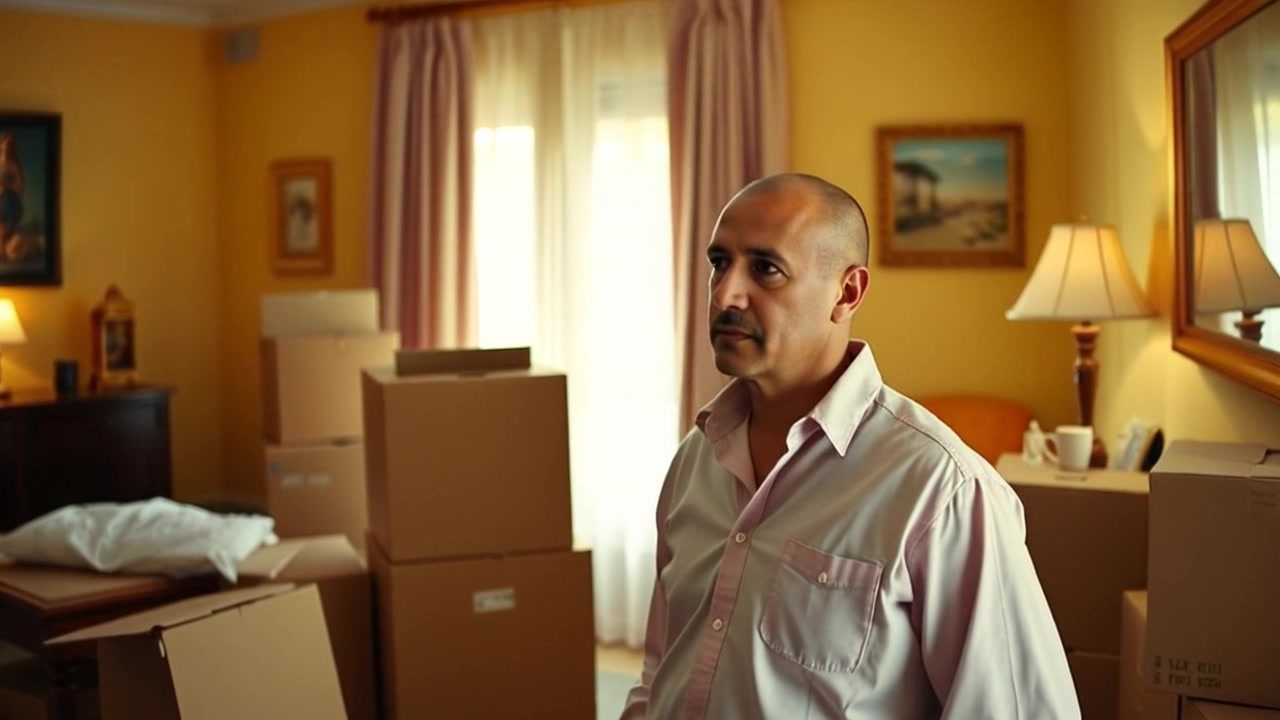 Subject: Carlos stands next to packed boxes in a sunlit living room, looking contemplative. Scene: A cozy living room filled with sunlight pouring through a window, casting soft shadows on the walls. Lighting: Warm sunlight creating an inviting atmosphere. Motion: The camera gently pushes in towards Carlos, capturing his thoughtful expression as the packed boxes create a sense of transition and change.