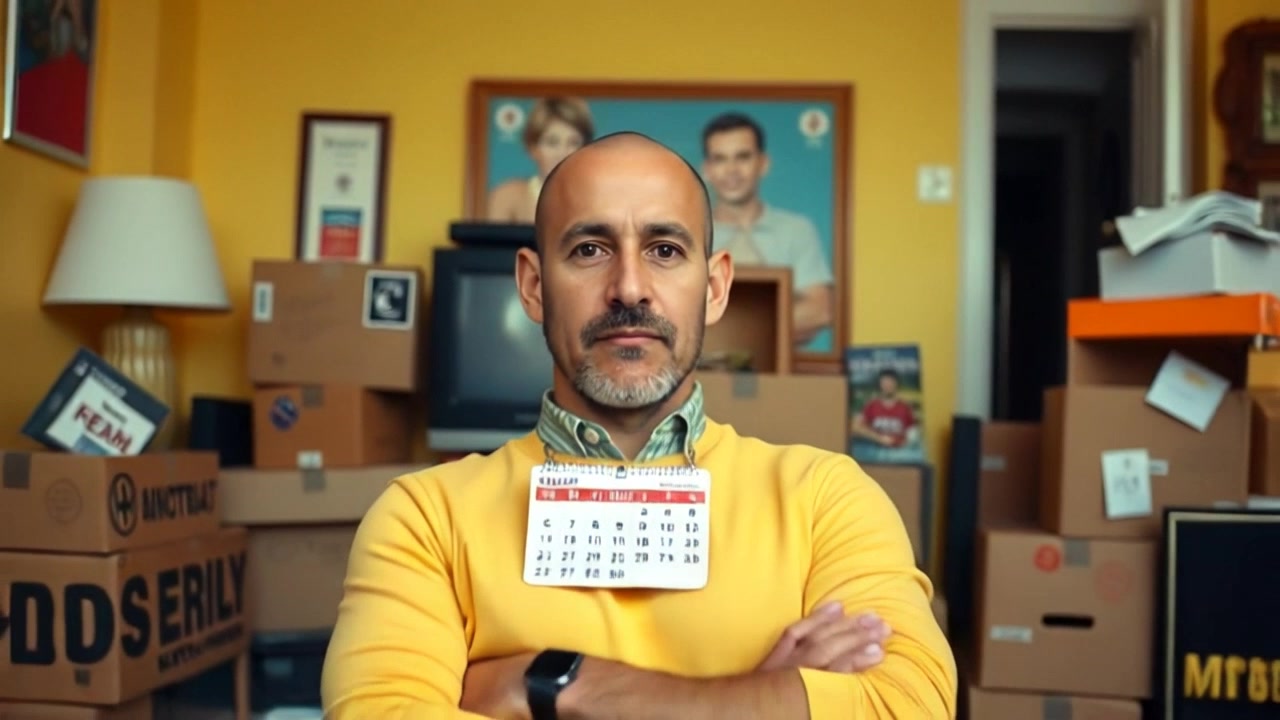 Scene: Carlos in a cluttered living room, surrounded by moving boxes, with a calendar prominently displaying the day of the basketball finals. Style: Ambient lighting with the warm glow of a standing lamp illuminating the scene. Motion: Camera pans slowly across the room, capturing the tension in the air and the anticipation for the game, before zooming in on the calendar.