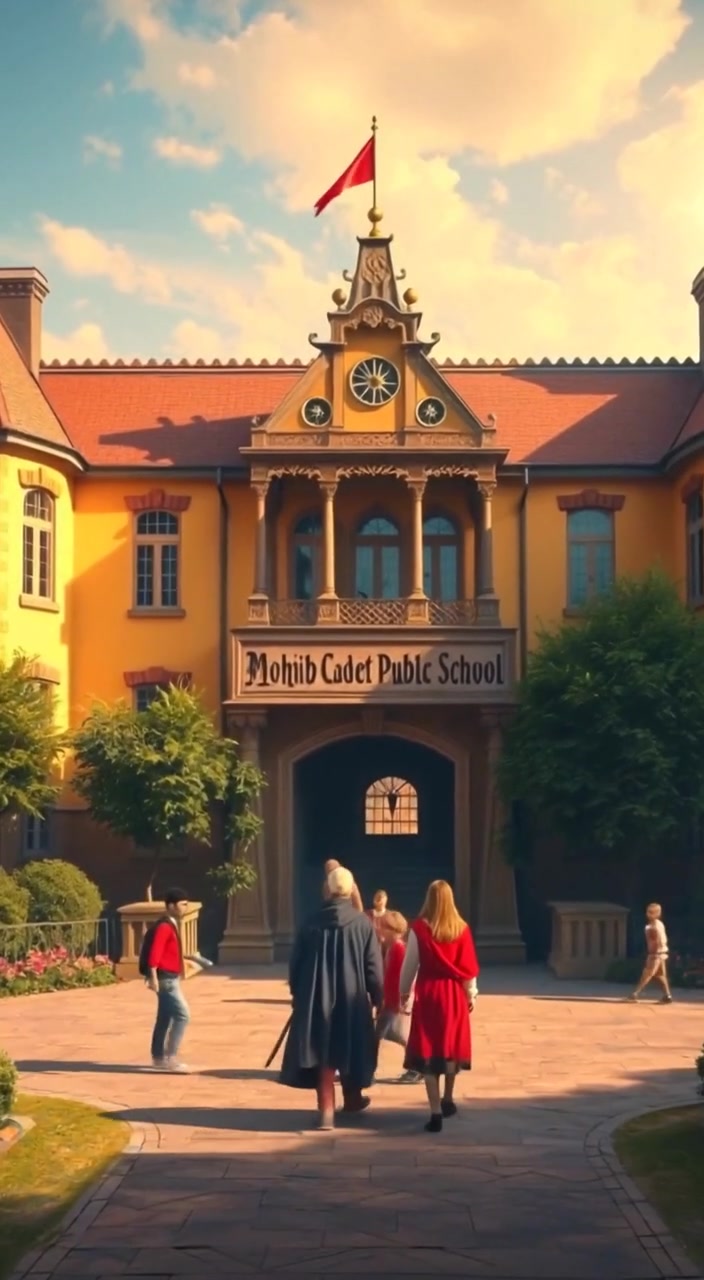 Students stroll through the entrance of the school, laughing and enjoying the sunny day.