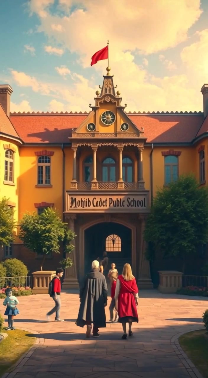 Students walk naturally through the entrance of the school, enjoying a sunny day and chatting animatedly.