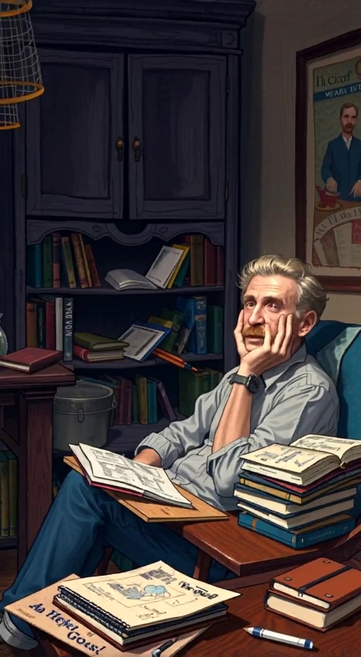 The artist gently flips through pages of a sketchbook, lost in thought amidst the dim light of the room.