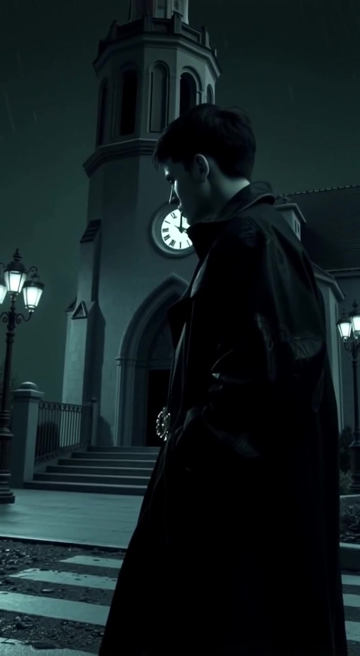 The Narrator standing outside the church at night, reflecting on the events with a solemn demeanor.