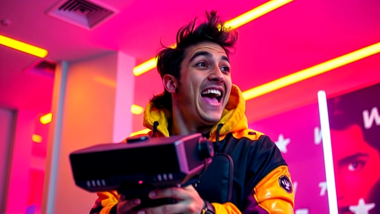 Scene: A young man with curly brown hair in a vibrant gaming room, beaming with excitement as he holds a gaming console. Style: Bright, saturated colors enhance the gaming atmosphere with neon accents on the walls. Motion: The camera sweeps in dynamically from a high angle, capturing the enthusiasm and energy of the moment as he jumps slightly and pumps his fist in joy upon pressing the power button.