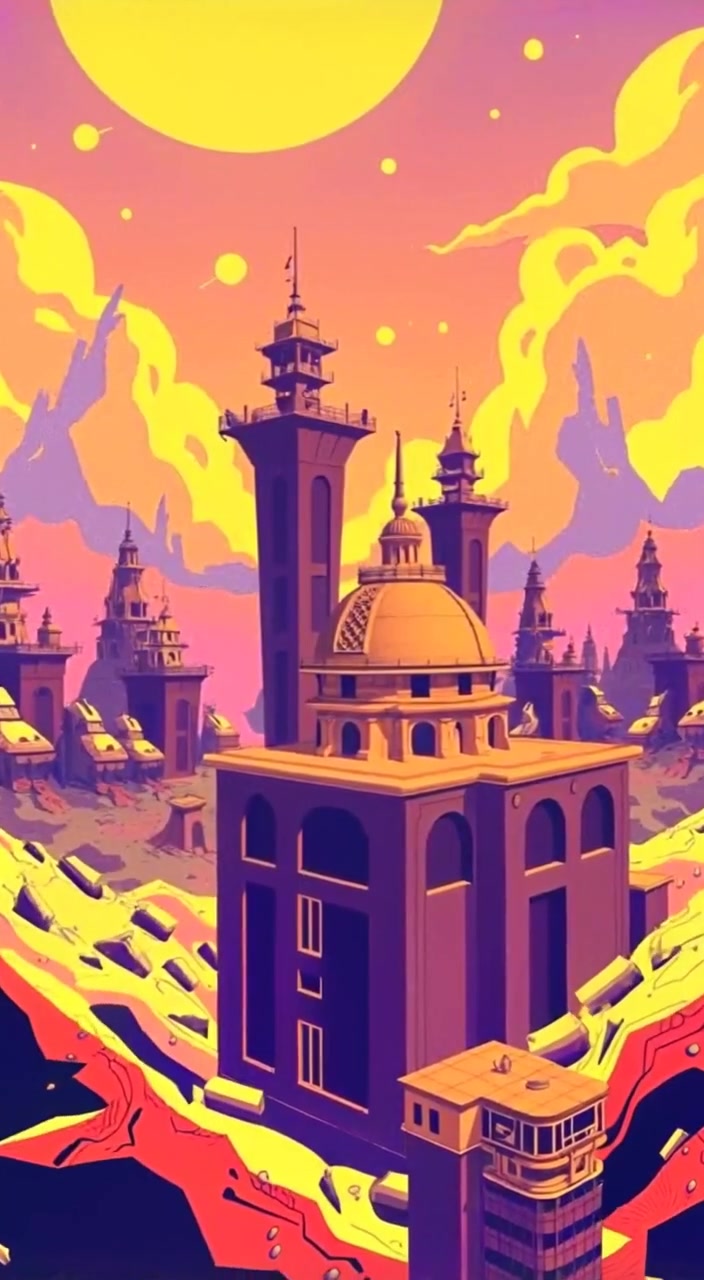 The shimmering sky gently swirls above the morphed buildings in a surreal landscape, blurring the line between reality and illusion.