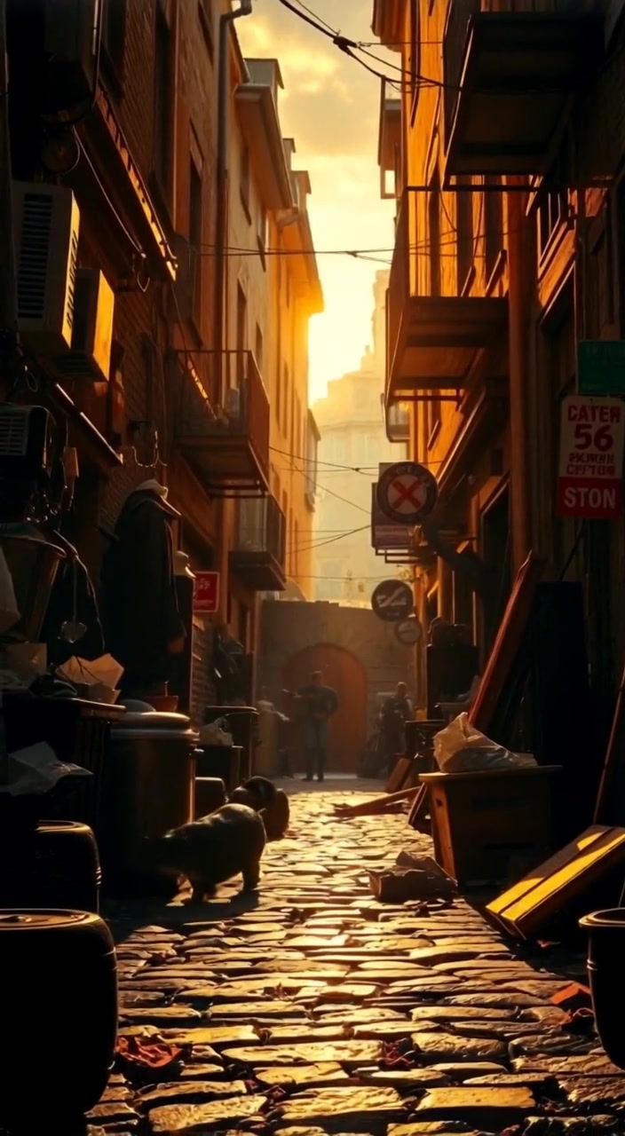 A stray cat gracefully weaves through the clutter in the bustling alley, exploring hidden corners curiously.