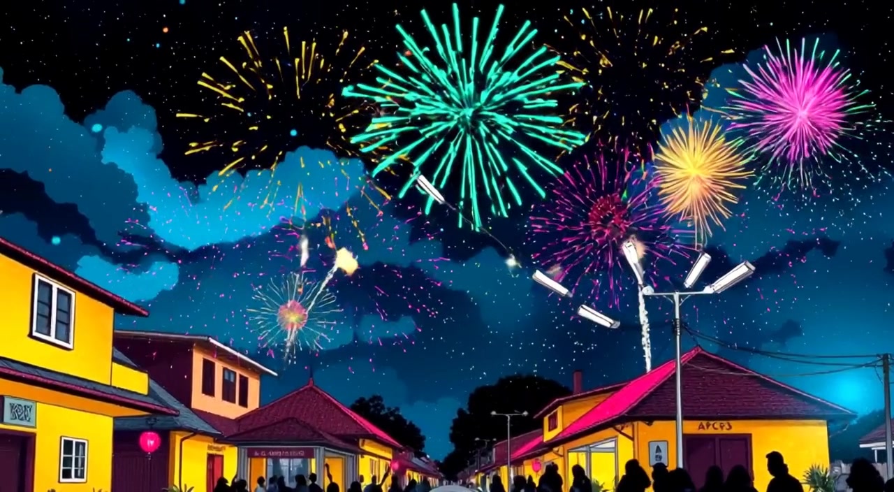 Colorful firecrackers softly explode in the night sky, illuminating a peaceful neighborhood beneath.