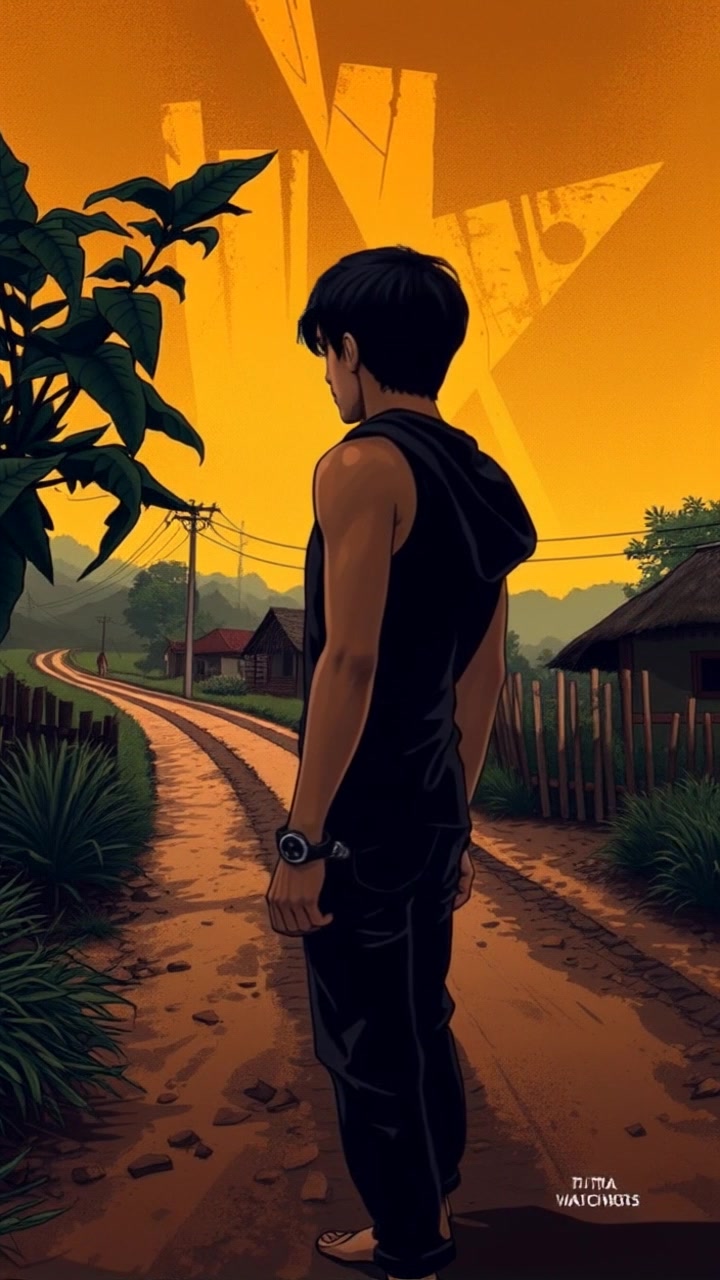 Putra stands on a dirt road, looking back at his village in the distance. Slowly pan the camera from left to right as Putra turns his head to gaze at the village. Natural lighting bathes the scene in warm, nostalgic tones.