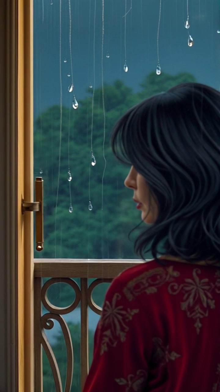 Raindrops gently slide down the glass of Sinta's apartment window on a rainy night. Slowly pan in on the raindrops to capture their mesmerizing beauty. Low light setting with a somber and reflective atmosphere.