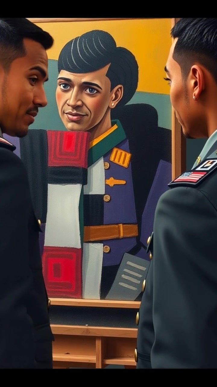 Scene: An intimate artist's studio filled with vibrant paintings and artworks as German officers observe Picasso's creations, the atmosphere charged with creativity and tension. Style: Soft, warm lighting illuminates the studio, highlighting the colors of the artwork and the subtle expressions on the faces of the officers. Motion: The camera slowly pans around the room, capturing the interaction between Picasso and the officers, zooming in on Picasso's subtle smile and the detailed textures of the art surrounding them.