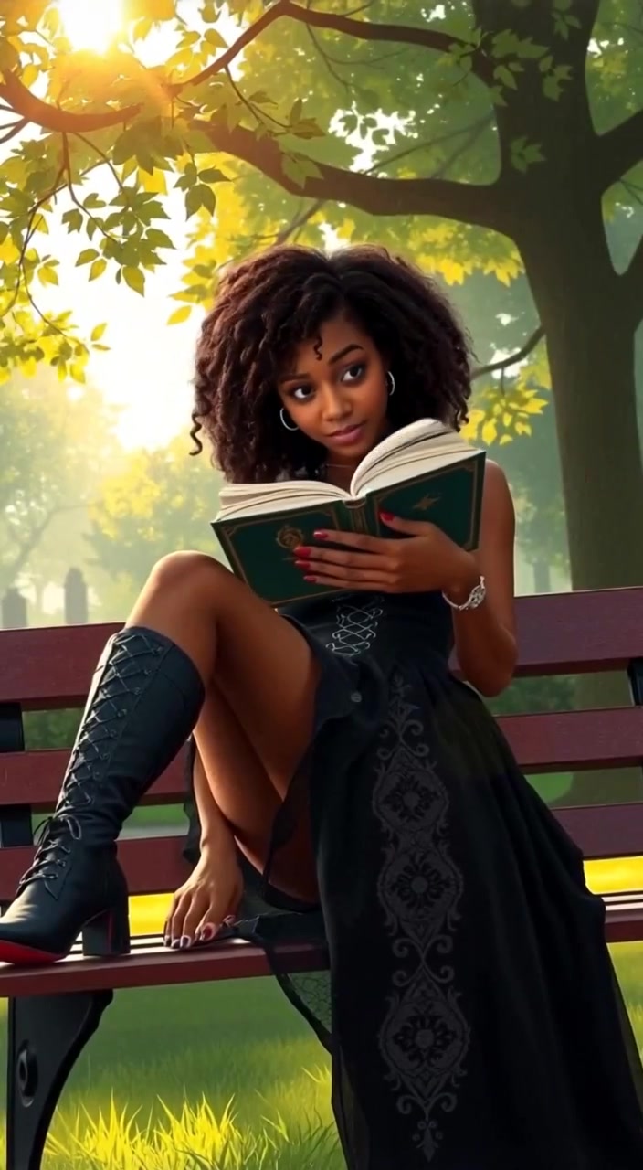 The woman gently turns the page of her book as sunlight filters through the trees in the serene park.