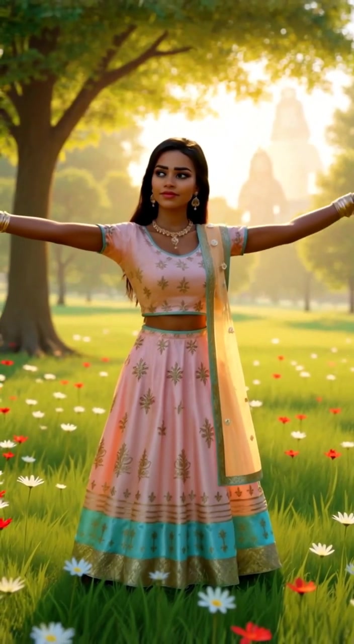 The woman gently sways in the warm breeze, surrounded by blooming flowers in a sunny meadow.