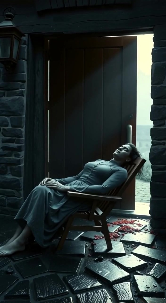 A view of Savitri Devi's body on the chair, with no visible marks or injuries.