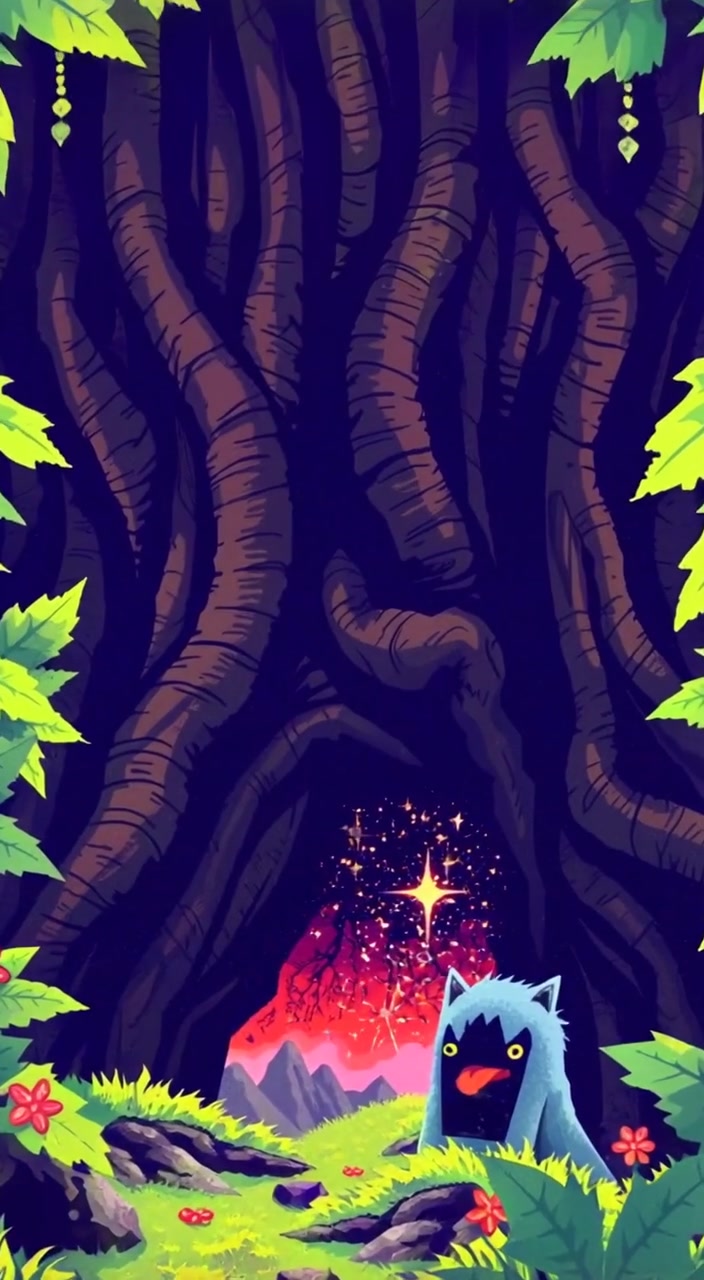 A creature peeks curiously from behind a massive tree, sparkles shimmering in the magical world behind it.