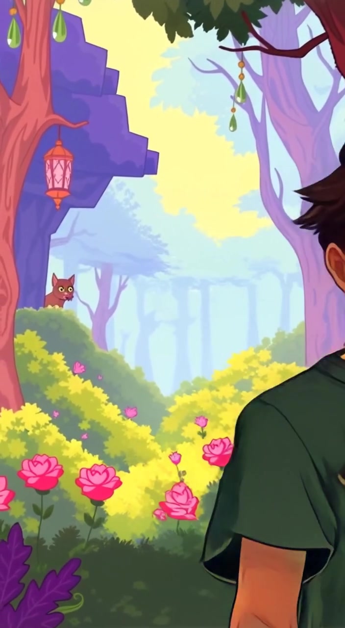 The character gazes determinedly into the vibrant forest as magical creatures cautiously peek from behind the trees.