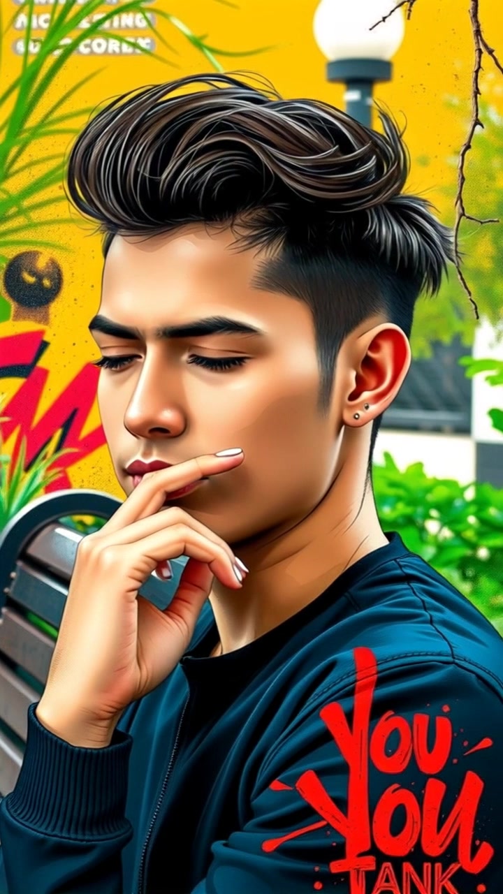 A close-up of You looking contemplative, sitting on a park bench with a thoughtful expression, surrounded by greenery.