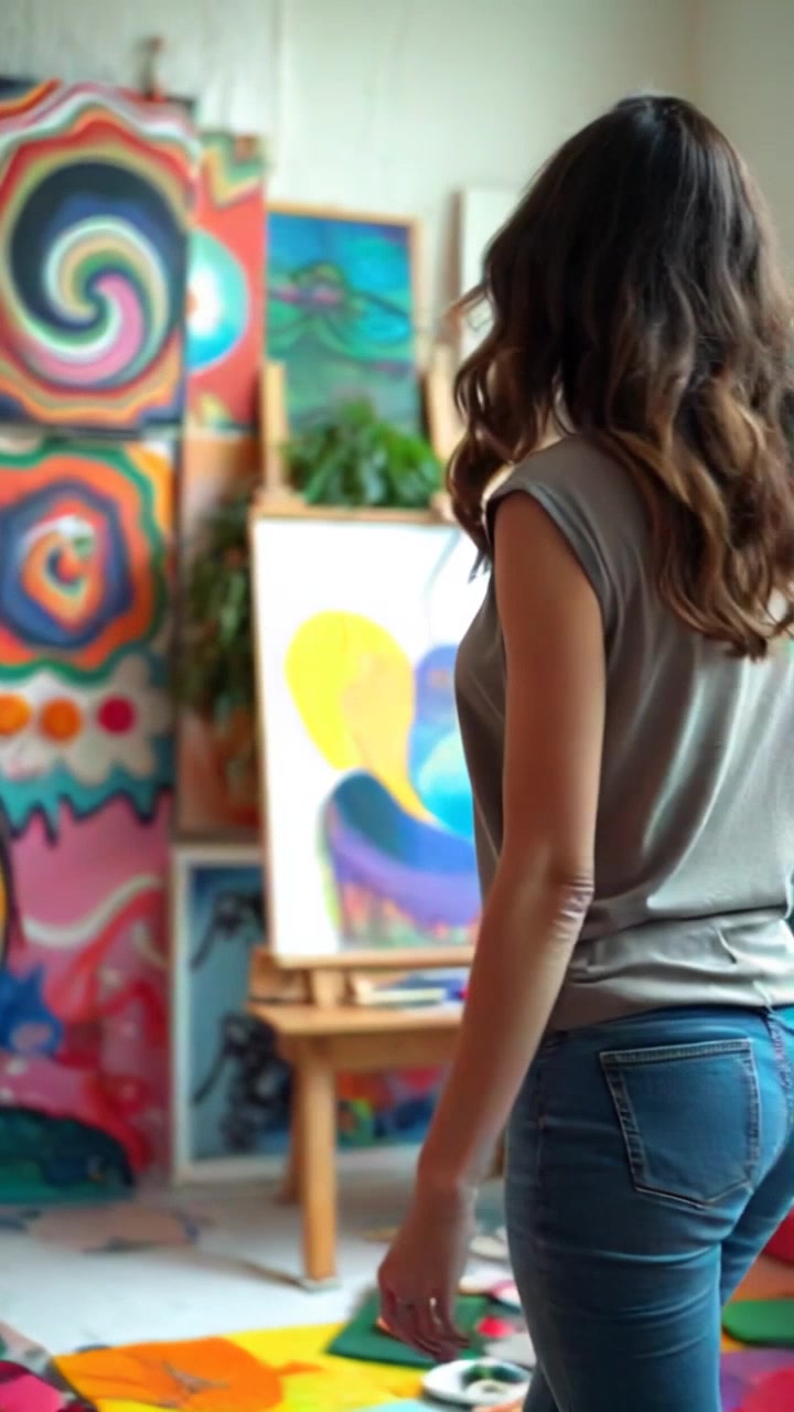 Subject: A young woman with loose curls. Subject movement: She confidently moves around her art studio, examining her colorful paintings and canvases. Scene: An art studio brimming with vibrant artwork, scattered canvases, and brushes. Style: Warm, inviting light streaming through large windows, illuminating the array of colors in the studio. Motion: The camera performs a steady tracking shot, following her as she interacts with her art, seamlessly transitioning between close-ups of her expressions and wide shots of the studio's chaotic charm.