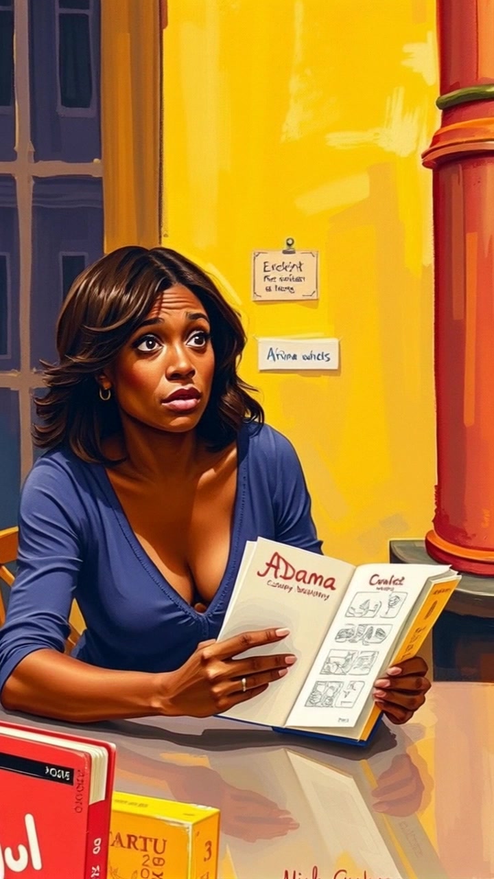 Subject (Adama sitting at a table, looking surprised while holding a sketchbook) + Subject movement (Still) + Scene (Indoor cafe setting with a cozy ambiance) + Camera Language (Zoom in on Adama's surprised expression) + Lighting (Soft warm light streaming through window) + Atmosphere (Quiet and contemplative)