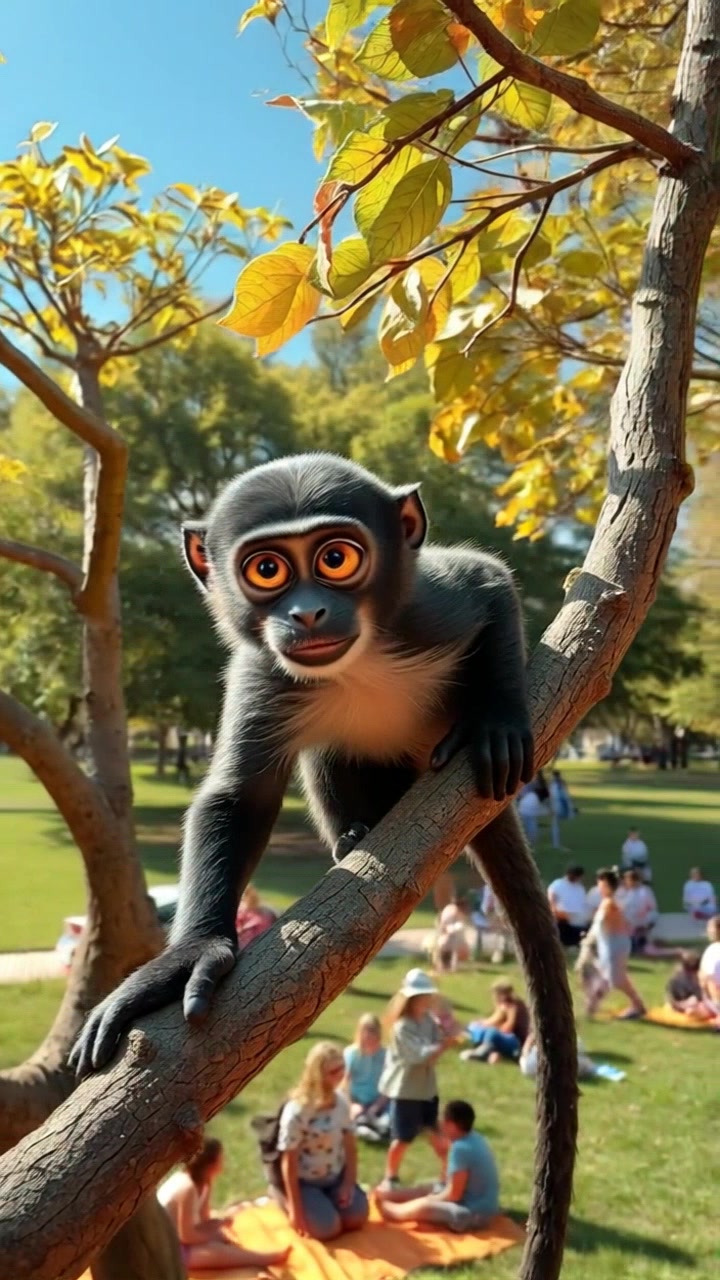 A busy park filled with families, trees, and children playing, with Monkey sitting on a branch.