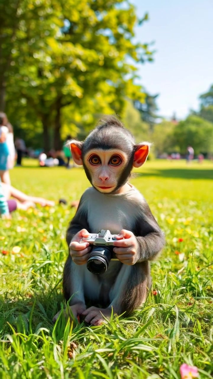 Monkey holding a small camera in its hands, eagerly taking pictures of the park activities.
