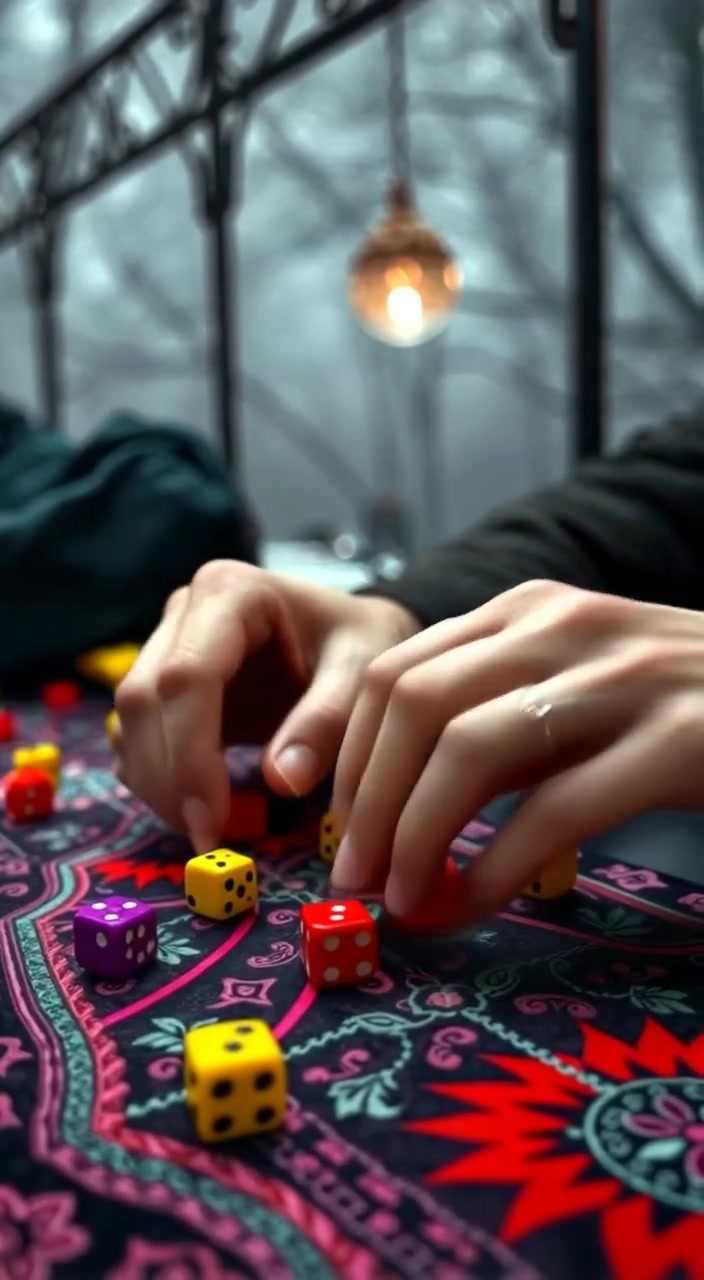 The hands gently place the colorful Pachisi pieces on the board as the dice rest in the center.