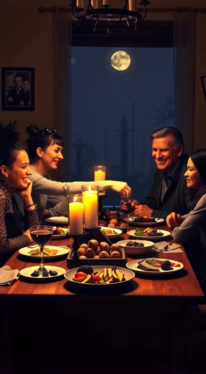 The family shares a warm laugh as they pass dishes around the dining table.