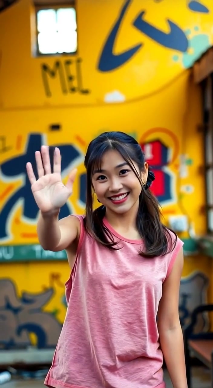 The woman gently waves goodbye with a warm smile against a vibrant, colorful background.
