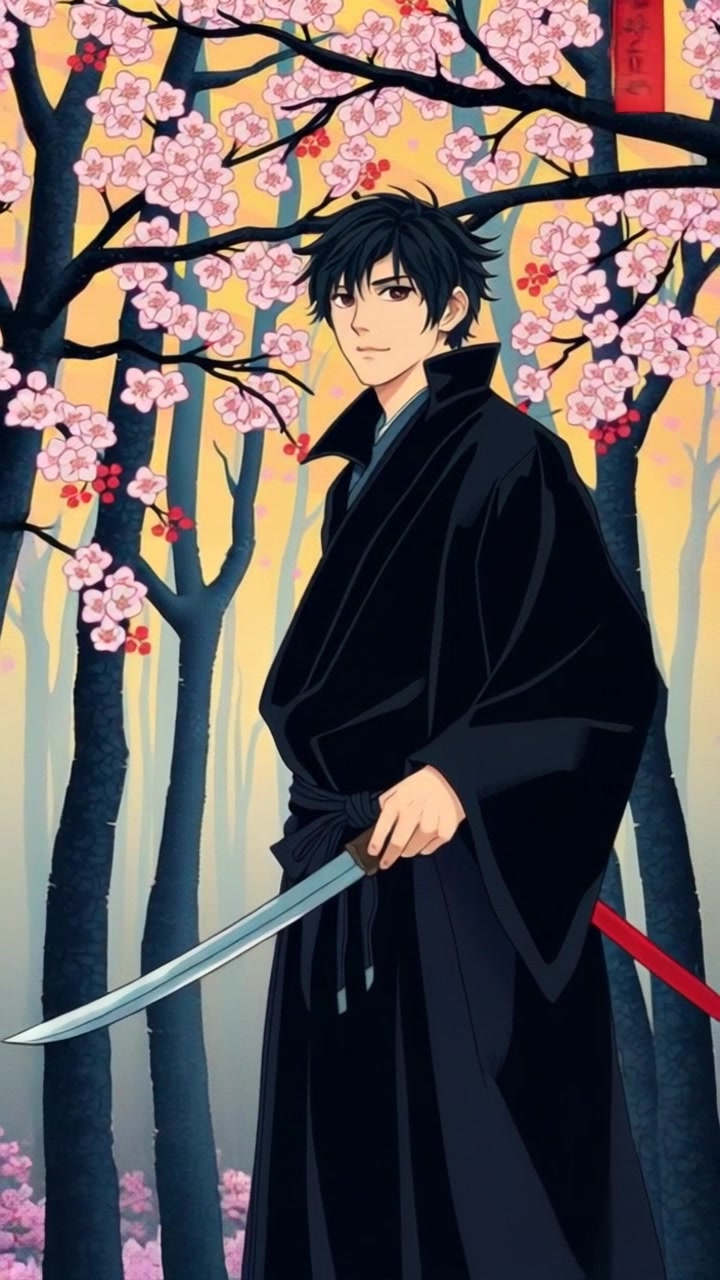 A dense Japanese forest with cherry blossoms, encasing a shadowy figure of रायू in dark ninja attire.