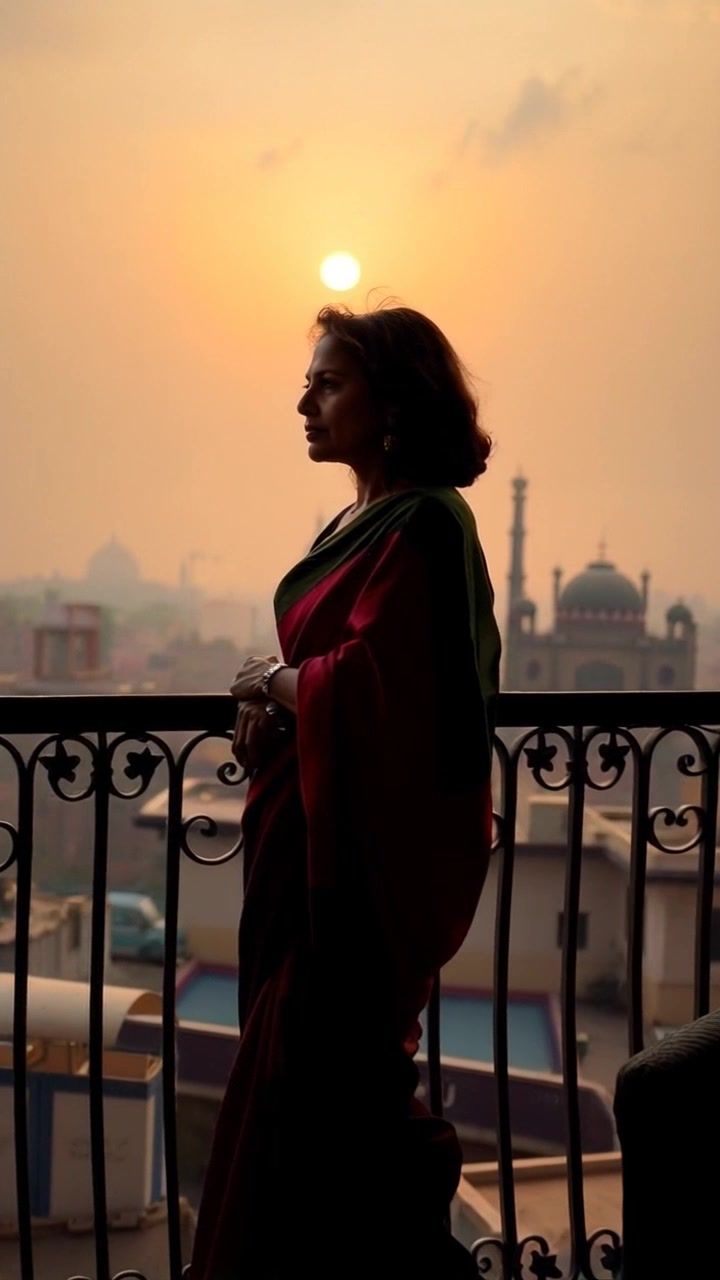 Subject: A poised woman in a saree, representing Indira Gandhi, stands thoughtfully on her balcony overlooking the bustling city of Delhi. Subject movement: She gazes out contemplatively, the gentle breeze causing her saree to flutter lightly. Scene: The vibrant cityscape of Delhi stretches out beneath her, with a mix of modern and historic architecture, set against an evening sky. Style: Soft, warm sunset lighting enhances the scene, casting a golden hue over the landscape. Motion: The camera slowly pushes in from a wide shot of the city to a medium shot of her, capturing the serene moment as the city hums with life below.