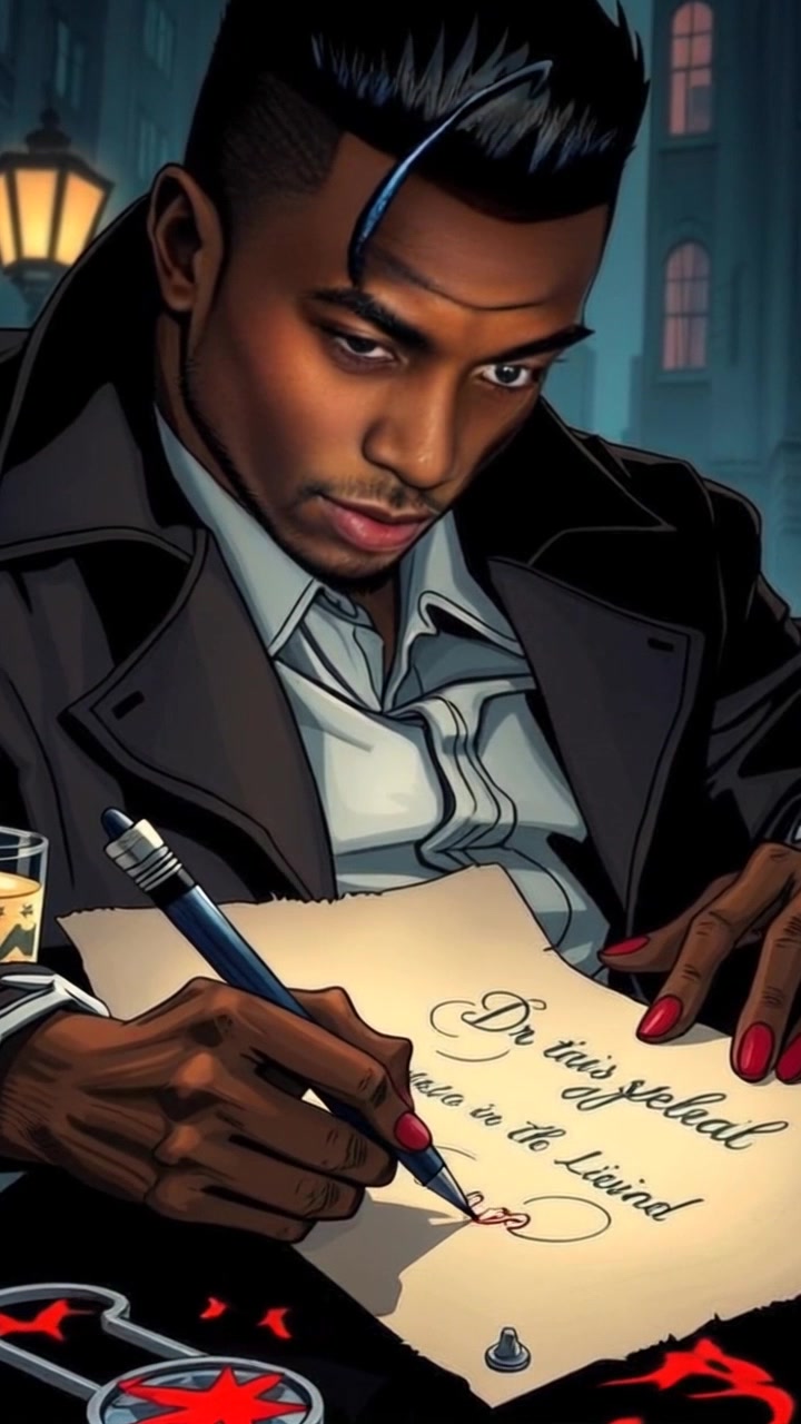 Subject: Dr. Elvis Spell, deeply focused as he writes an enchanting spell on parchment. Subject movement: His hand moves fluidly over the parchment, pen gliding with precision. Scene: A mystical study filled with ancient books and glowing artifacts, illuminated by warm candlelight casting flickering shadows. Motion: The camera slowly pushes in to capture the intricate details of the parchment and Dr. Spell's concentrated expression, creating an inviting and magical atmosphere.