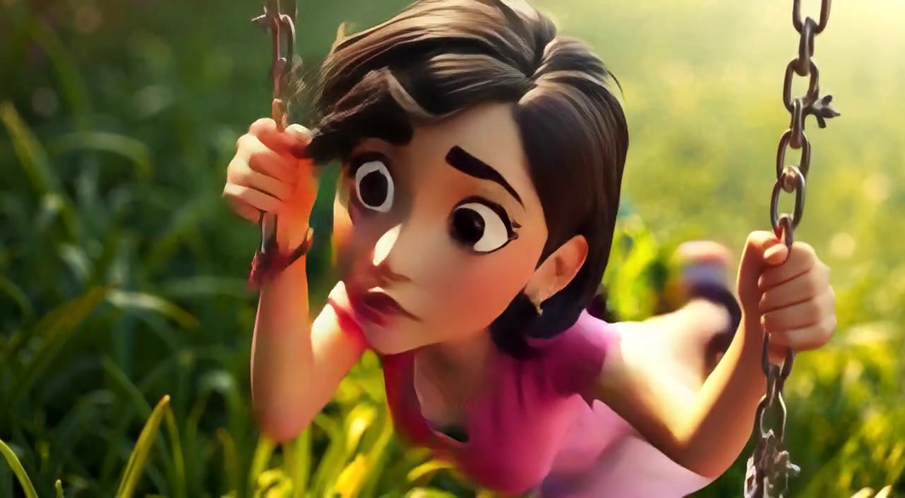 The child gently tumbles from the swing, eyes wide in surprise, as sunlight filters through the trees.