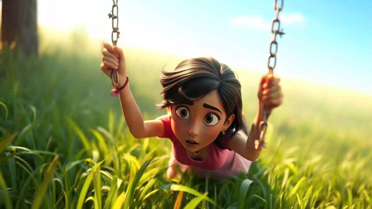 Subject: A girl falling off a swing with a shocked expression. Subject movement: She tumbles outward from the swing, arms flailing as she descends towards the grass below. Scene: A sunlit playground filled with lush green grass beneath a bright blue sky. Style: Warm sunlight bathing the scene, enhancing the surprise on her face and the vibrant colors of the surroundings. Motion: Camera captures the moment in a dramatic close-up, tracking her fall from the swing, showcasing the dynamic movement against the tranquil background.