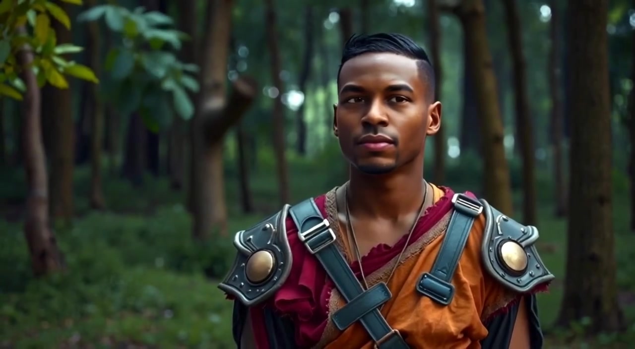 The boy glances around the forest clearing, his tattered clothing swaying gently in the breeze.