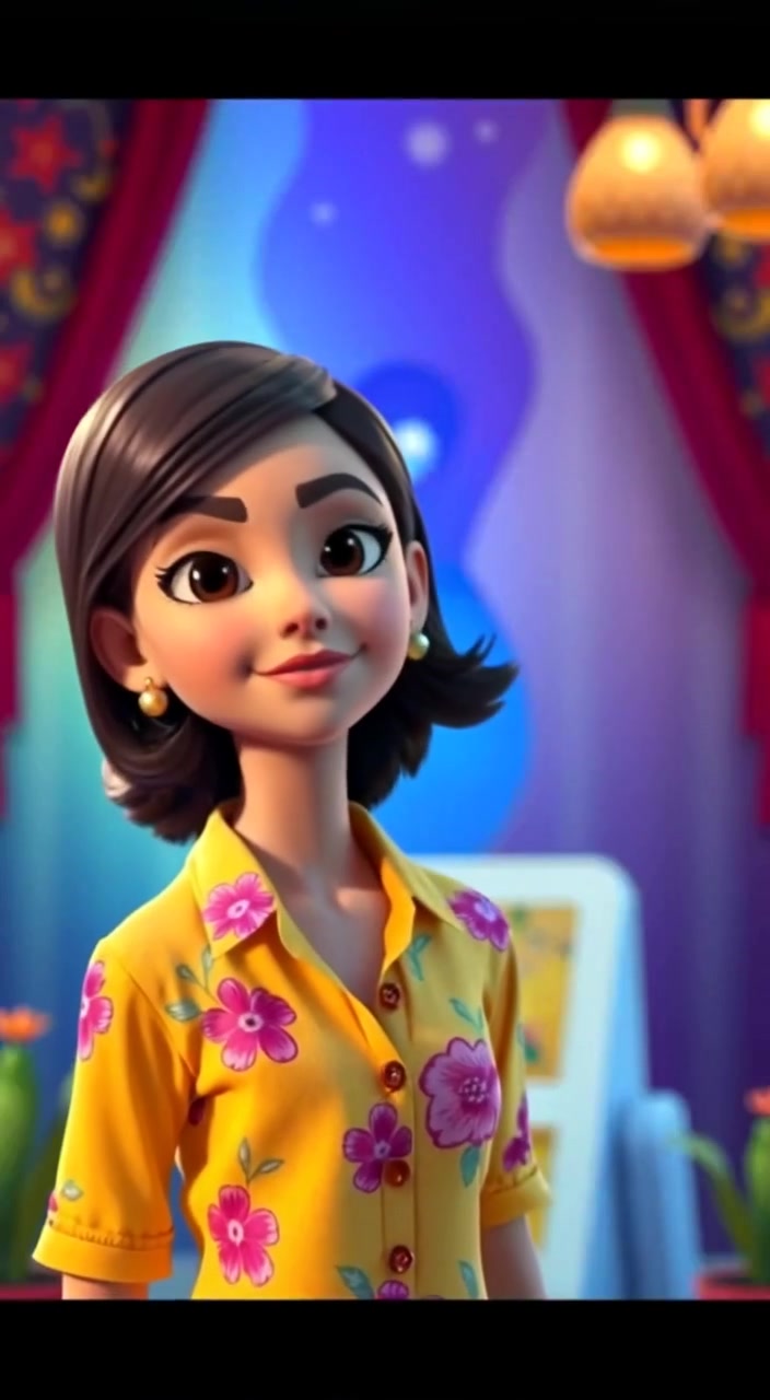 The woman gently sways in the breeze, her floral shirt bright against a colorful backdrop.