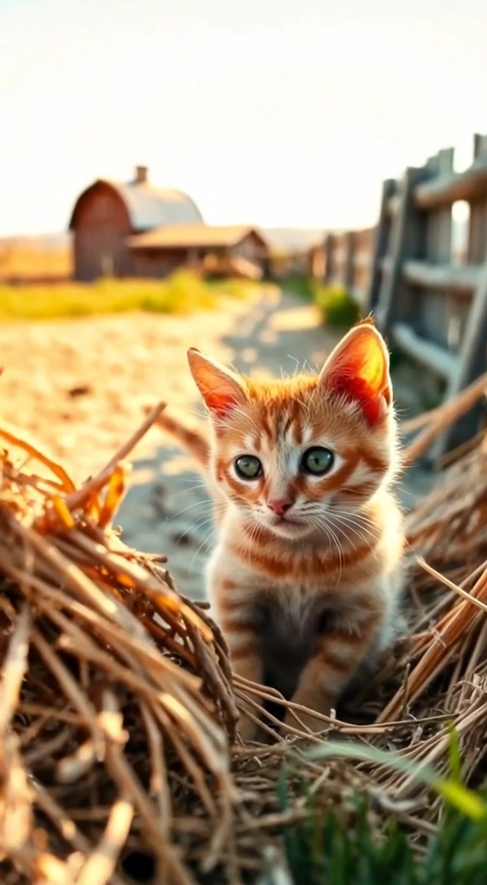 A small orange cat hiding behind a haystack, its white belly visible and bright green eyes peering out.