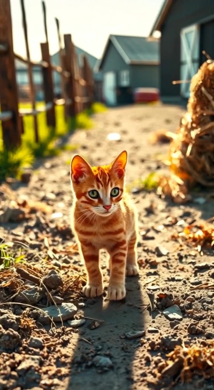 The orange cat sneaking cautiously across a sunny farmyard, with the haystack in the background.